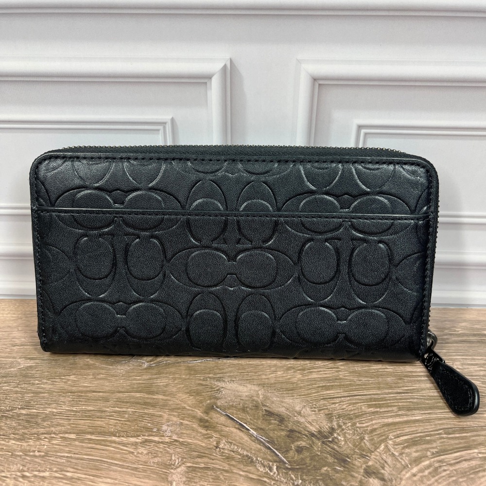 Coach Wallet Continental Accordion Zip Black Signature Debossed Leather CE551 - Picture 2 of 10